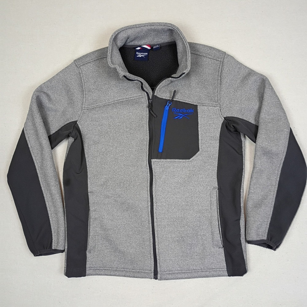 Reebok Mens Full Zip Fleece Lined Sweater Jacket Grey Black Blue Size Small